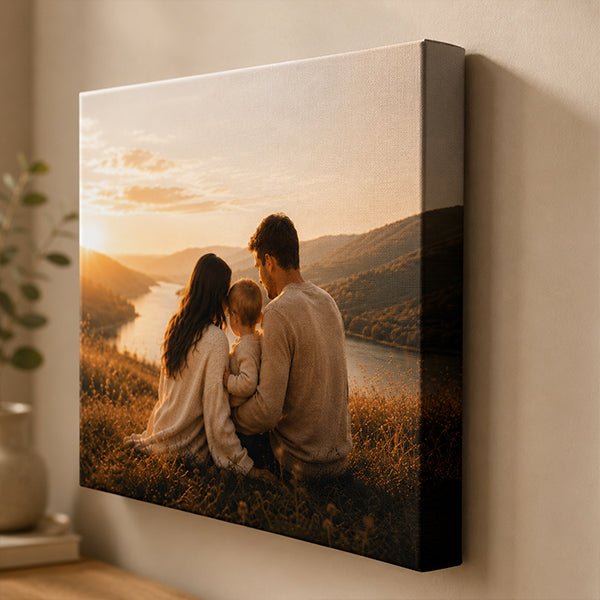 Side angle showing the wrapped edge and depth of a family photo canvas