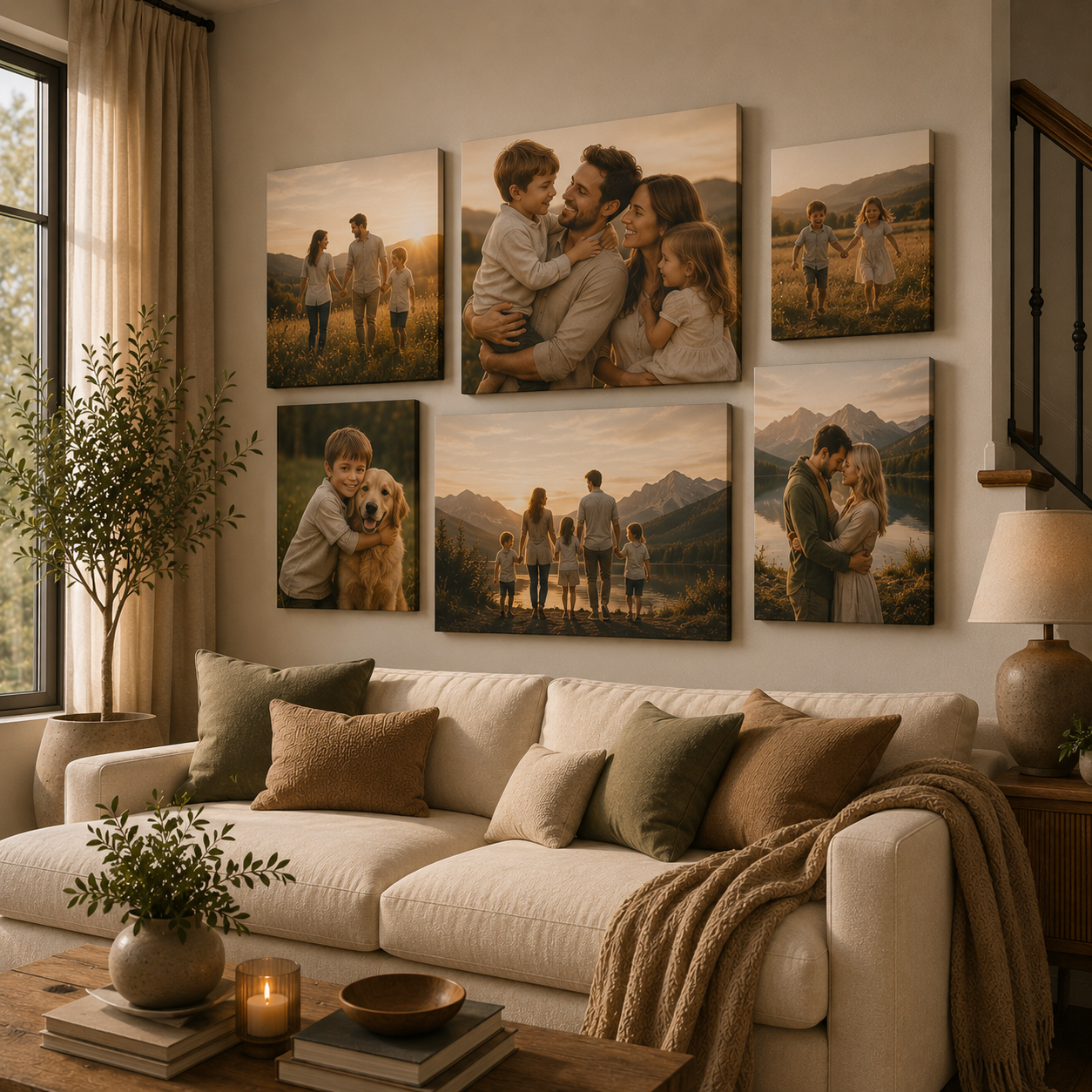Gallery wall of personalised family canvas prints above a sofa