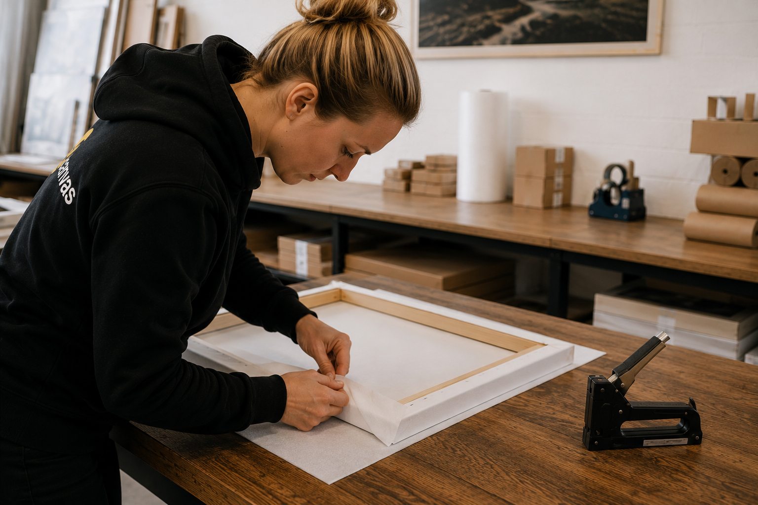 A craftsperson stretching a canvas by hand in the Yorkshire workshop