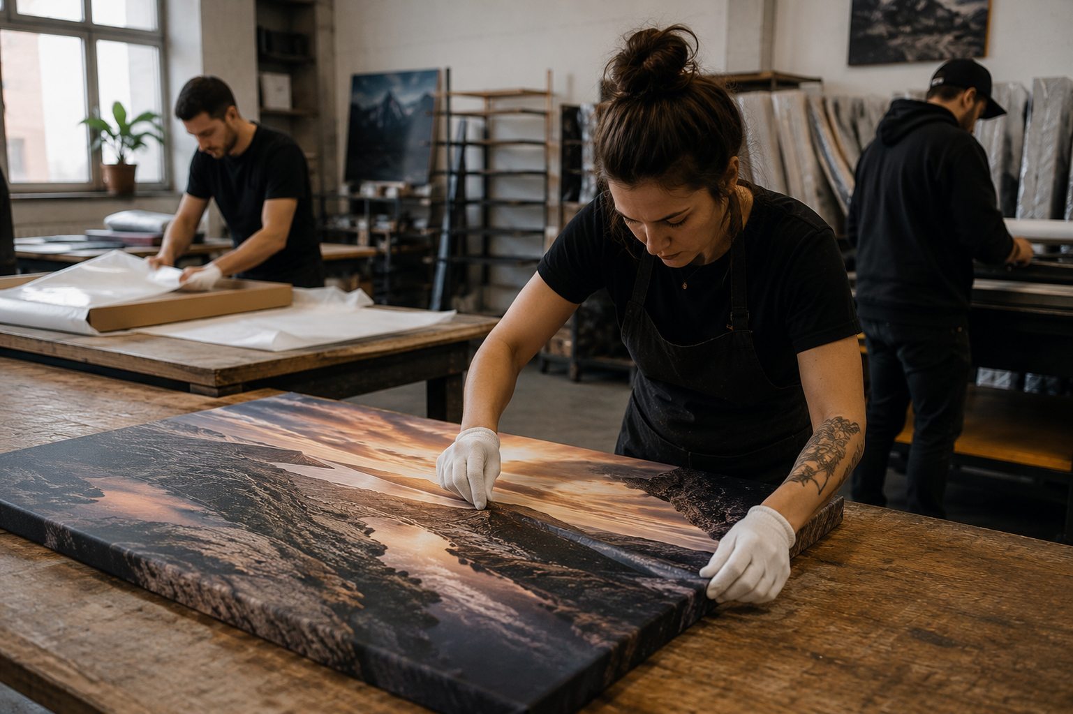 A printmaker carefully hand-finishing a large canvas in the workshop
