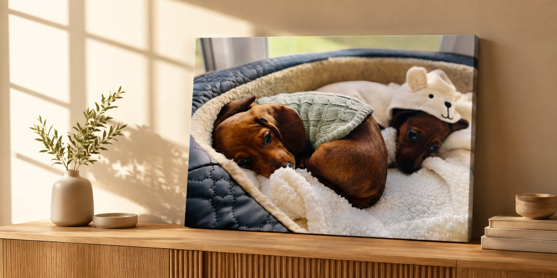 Personalised canvas print of two dachshund puppies in a warm interior