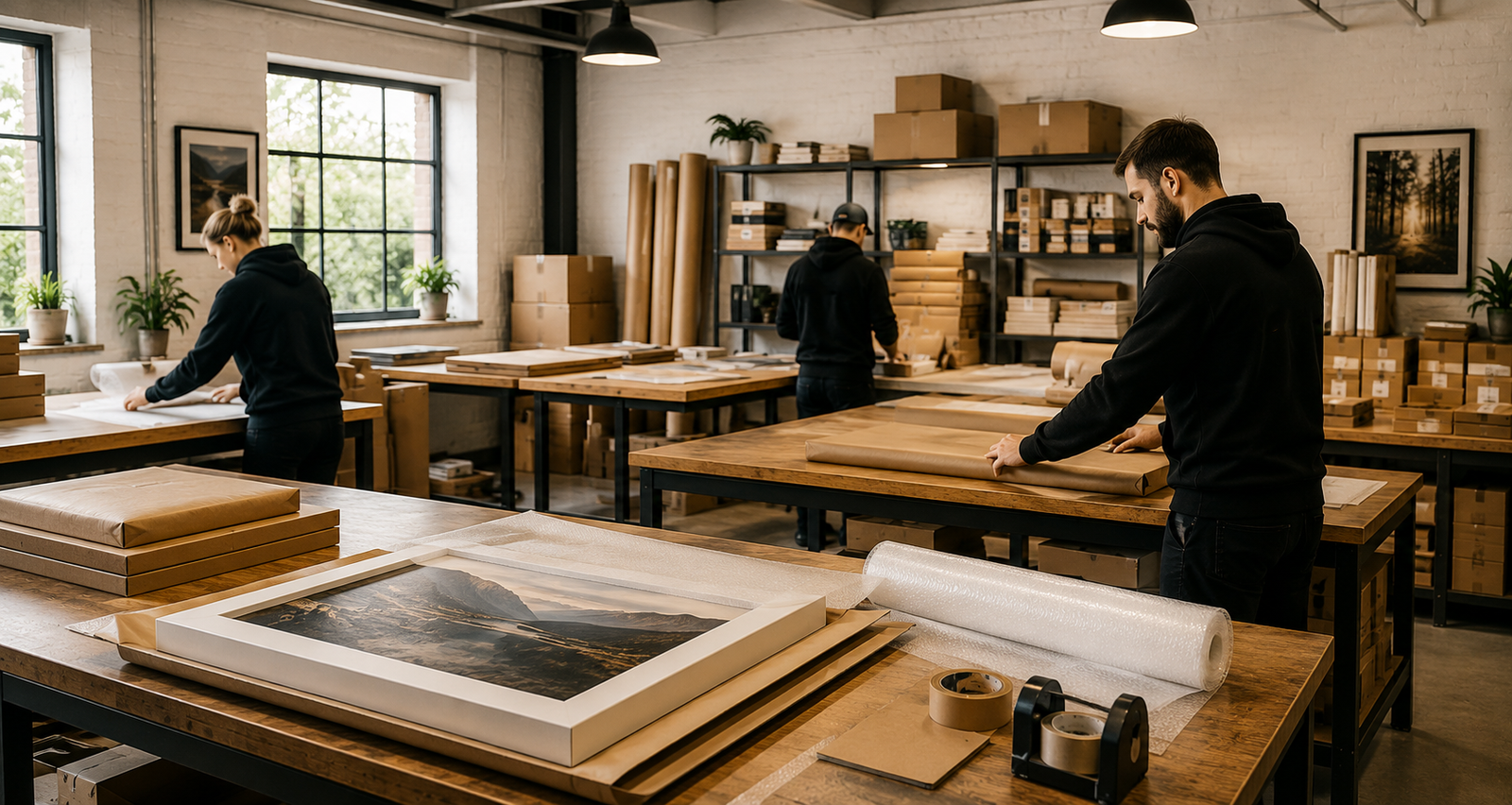 The Your Image 2 Canvas team making and packing canvas prints in the Yorkshire workshop
