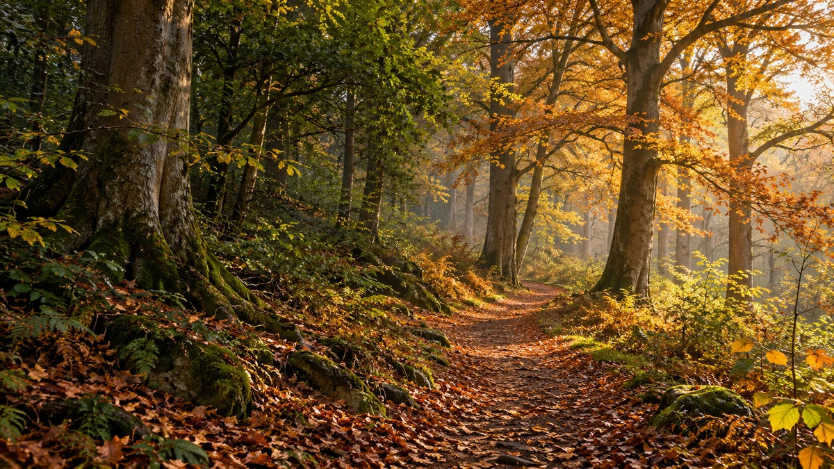 Sunlight through an autumn woodland canopy above a winding path; AI illustration