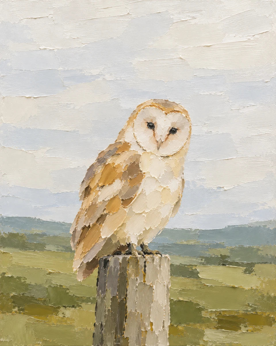 Simple oil-style barn owl on a weathered fence post