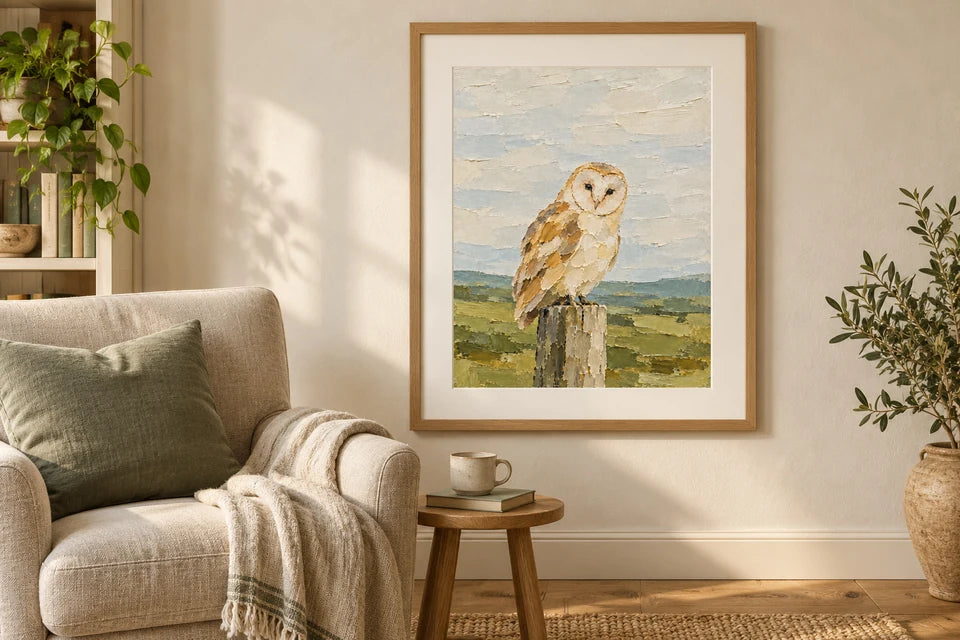 Barn owl paper print styled in an oak frame with an off-white mount