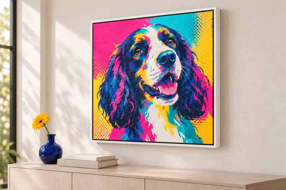 The same vibrant dog pop-art canvas shown in a white floating frame.