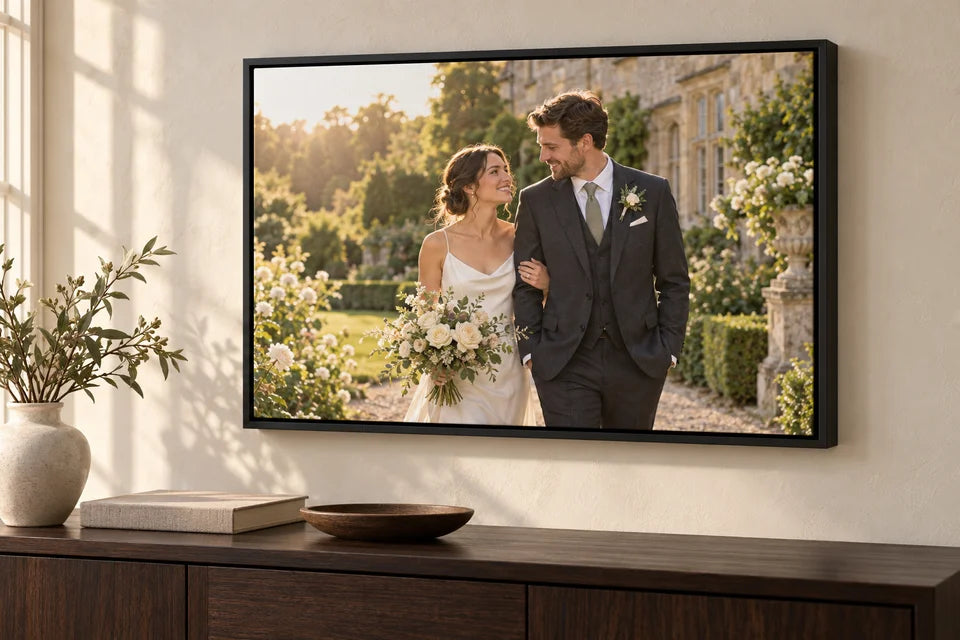 A colour wedding photograph printed on canvas in a black floating frame in a softly lit home.