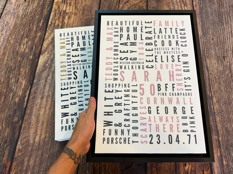 A Sarah Word Art canvas held in a black floating frame, with an unframed print behind it.