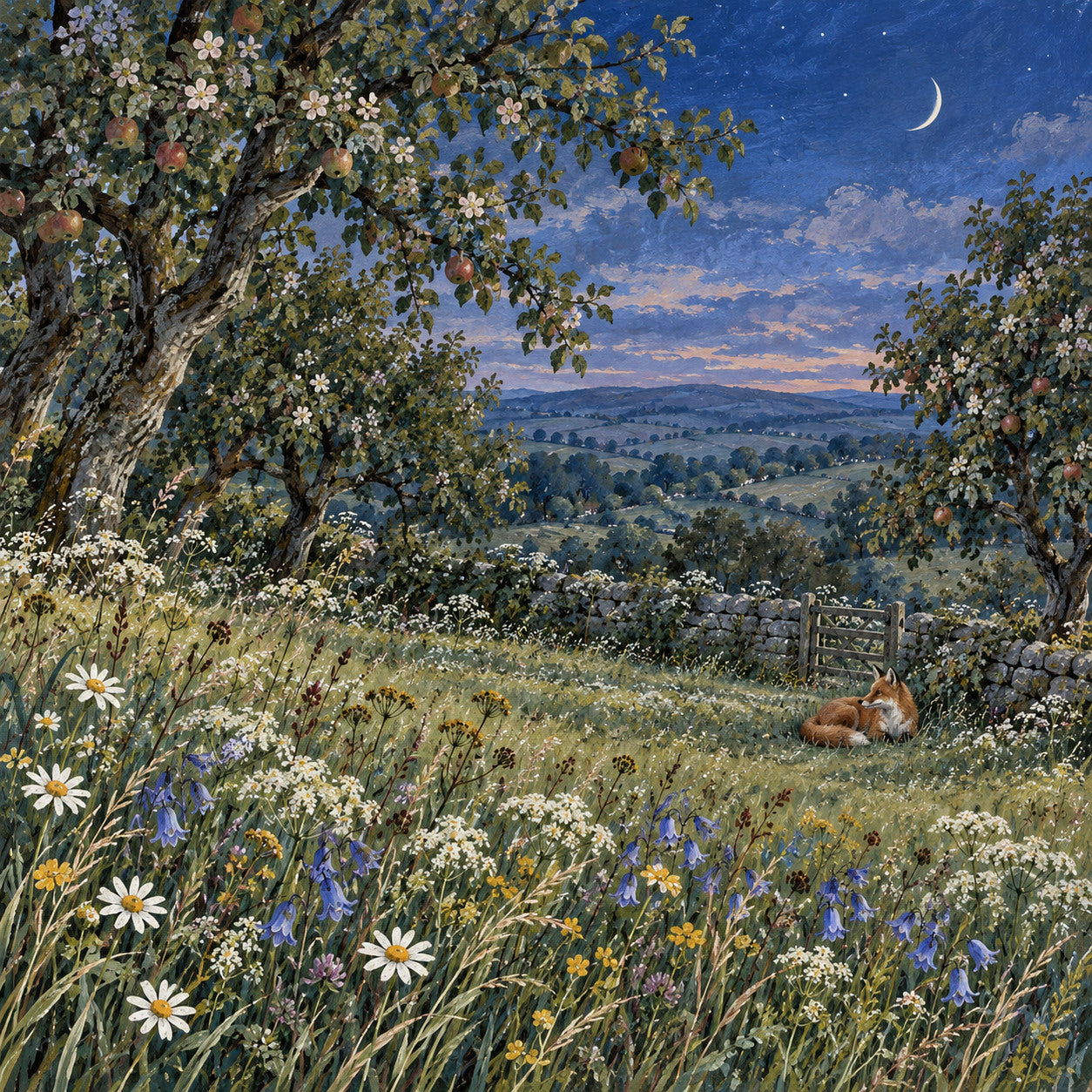 Original AI-created orchard painting at blue hour with textured trees, meadow flowers, a crescent moon and a small resting fox.