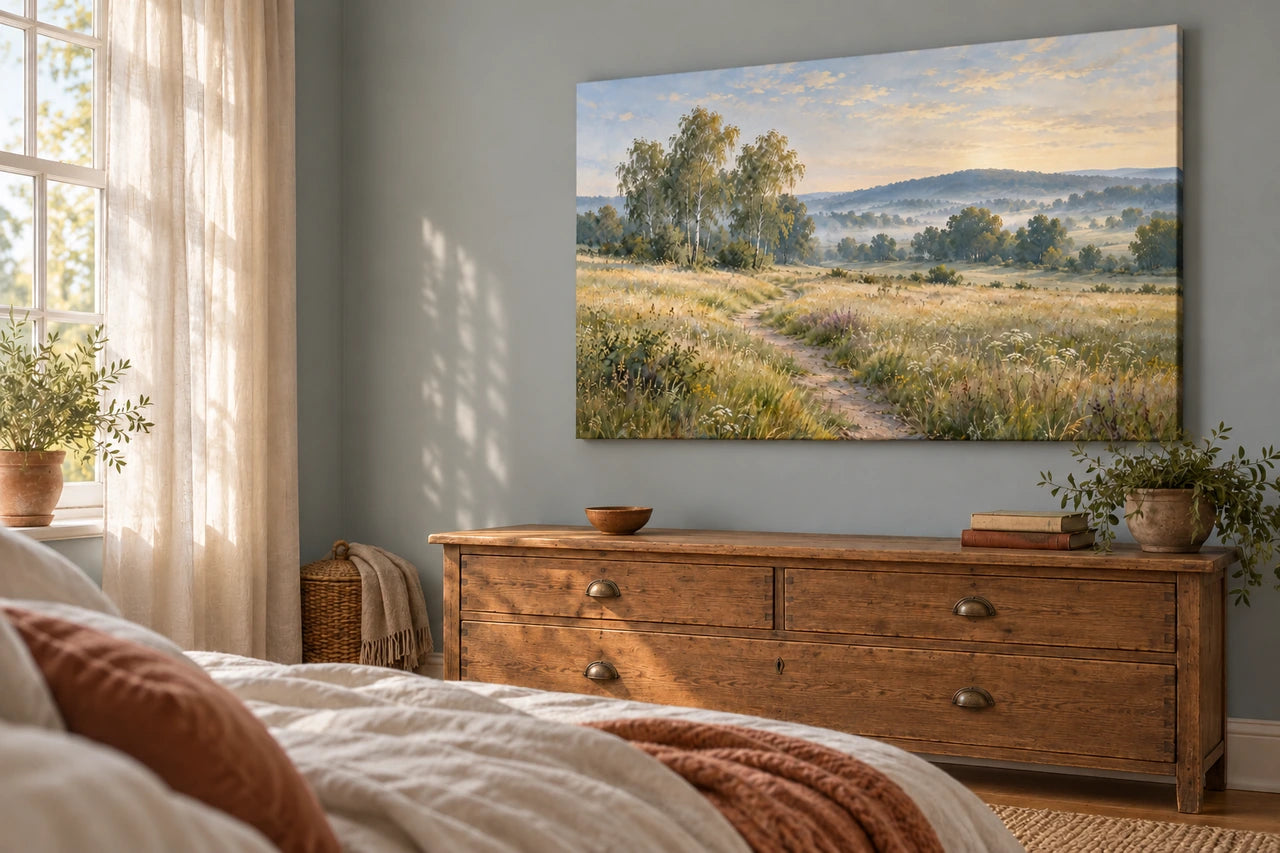 A bedroom viewed from the bed, with a large meadow canvas above an oak chest.