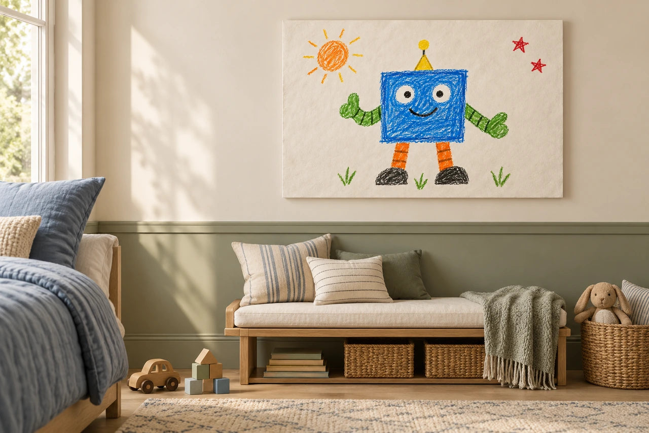 Imagined calm child's reading nook with the fictional blue robot drawing on a complete canvas.