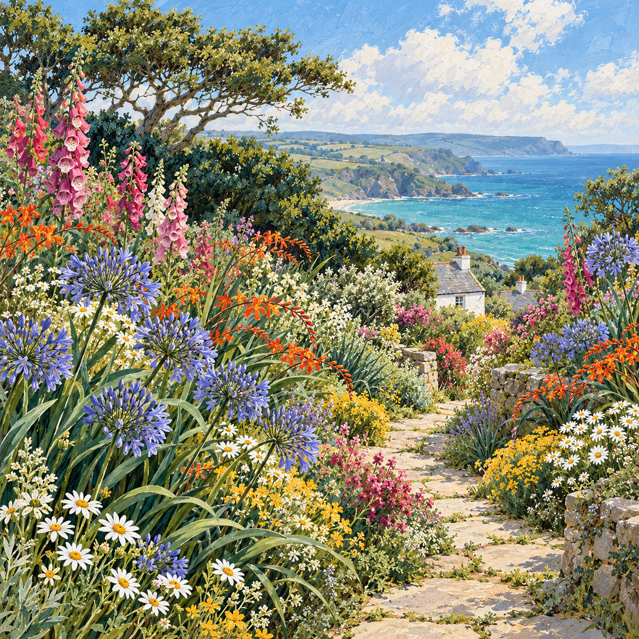 Original AI-created Cornish garden painting with blue agapanthus, pink foxgloves, coral flowers, a white cottage and turquoise sea.