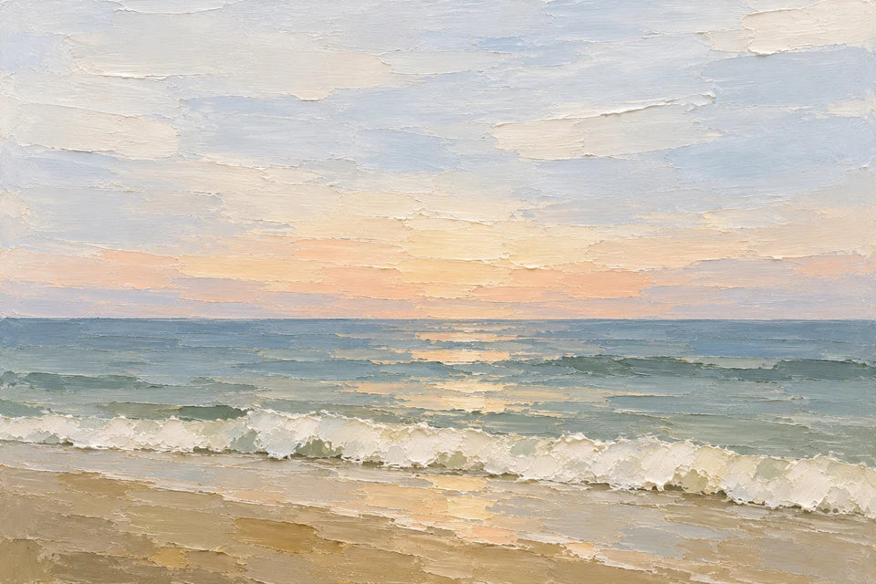Oil-style dawn ocean with blue-grey bands, peach light and a broad ivory wave