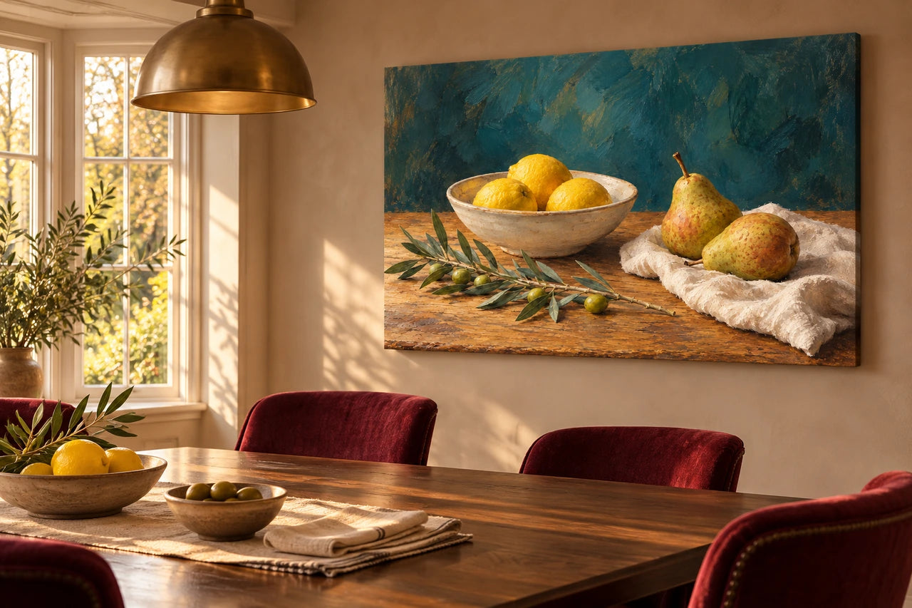 A dining room with a large lemon and pear still-life canvas, burgundy chairs and walnut table.