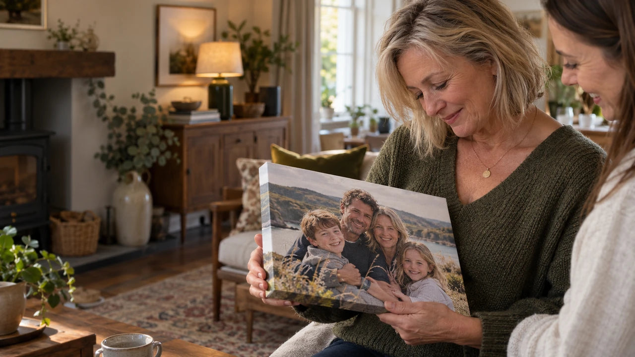 A woman receiving a family-photo canvas as a gift at home; AI editorial illustration.