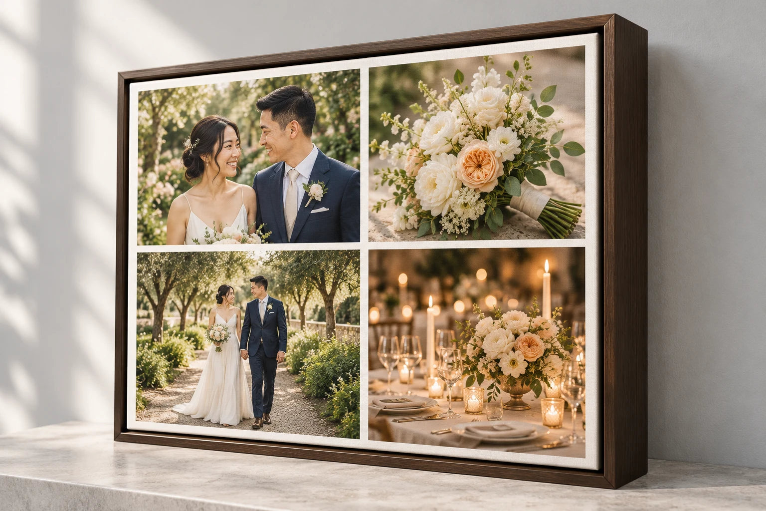 Illustration of a four-photo wedding collage canvas inside a dark wood floating frame.