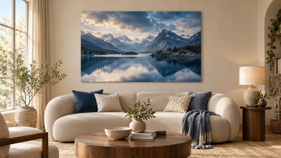 AI-generated room mock-up with an imagined mountain canvas above a sofa