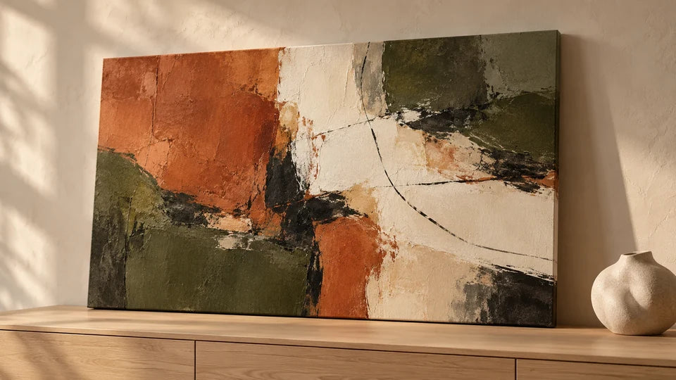 AI-generated abstract canvas mock-up with invented texture and gallery styling
