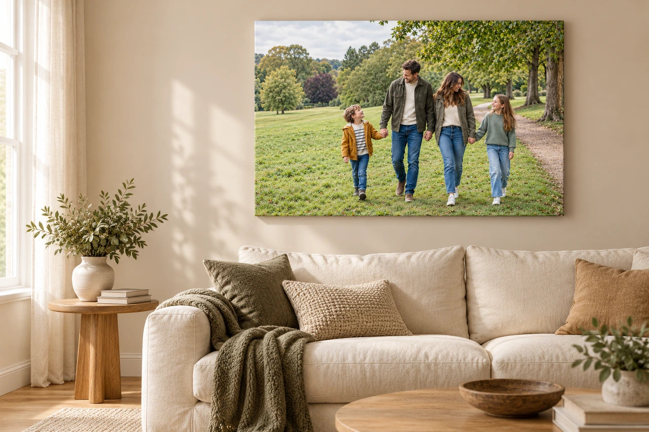 An imagined calm living room with the fictional park family photograph on a complete unframed canvas.