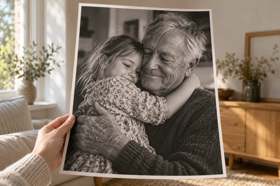 A black-and-white family photograph of a grandfather and child, held as a matte poster print