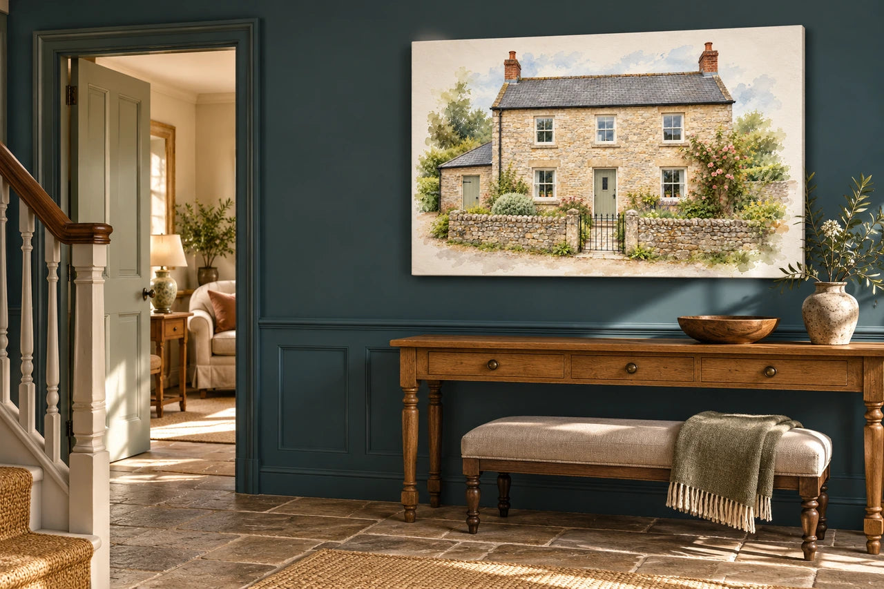An imagined petrol-blue entrance hall with a large stone-cottage watercolour canvas above a warm oak console.