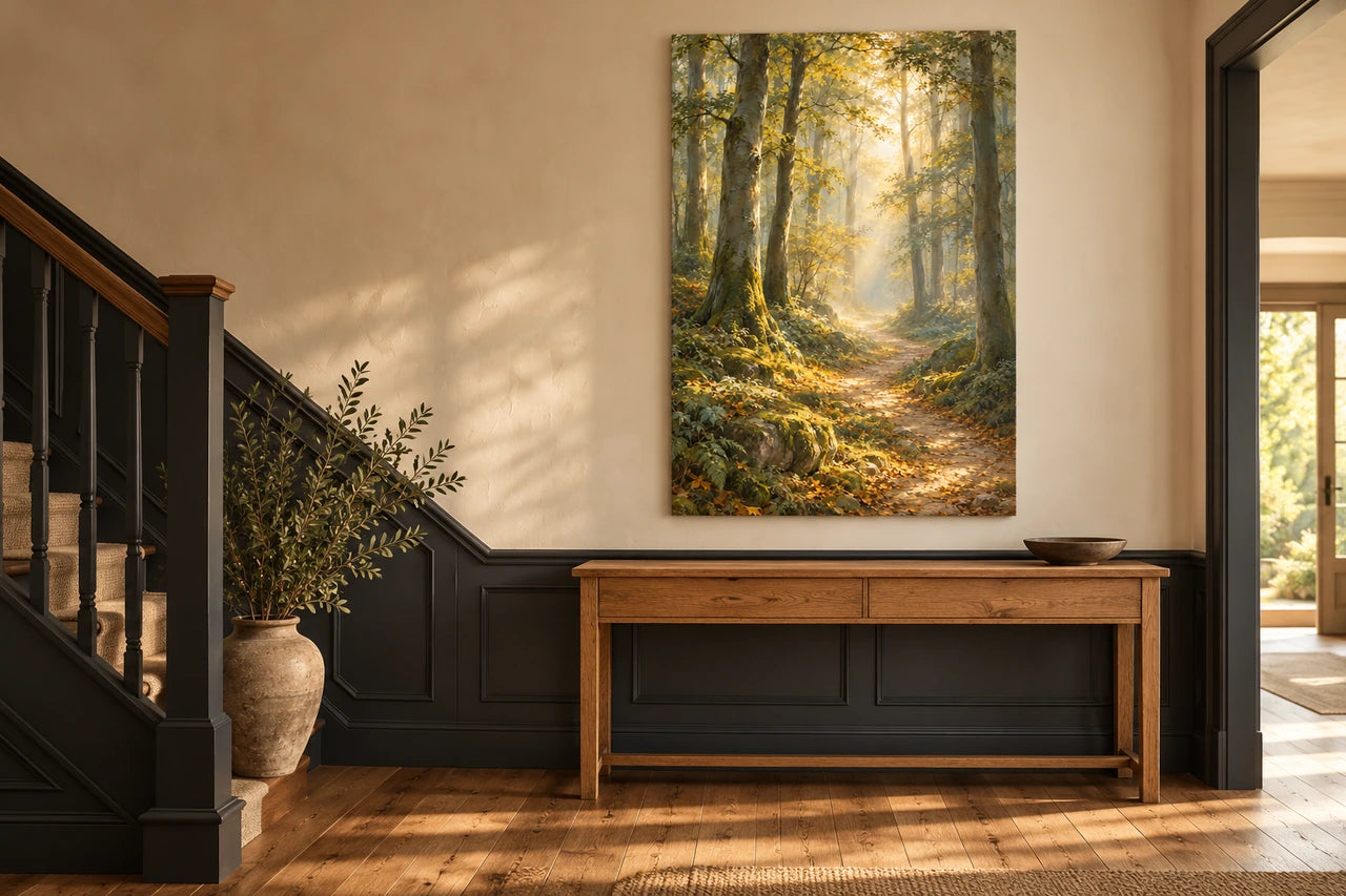 A characterful hallway with a tall golden-woodland canvas above a simple oak console.