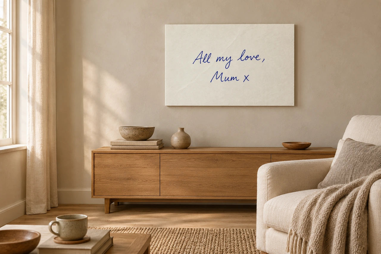 Imagined warm reading nook with the invented All my love, Mum x note on a complete canvas.