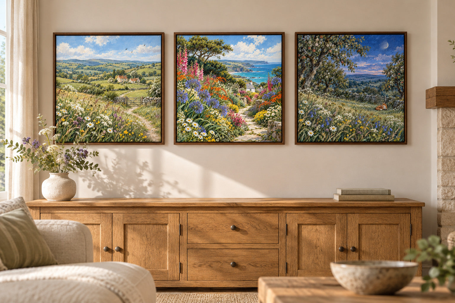AI-created room visualisation of the meadow, colourful Cornish garden and blue-hour orchard displayed as three square canvas prints in brown floating frames.