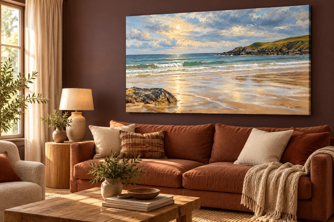 A warm living room with a large coastal canvas above a cinnamon sofa.