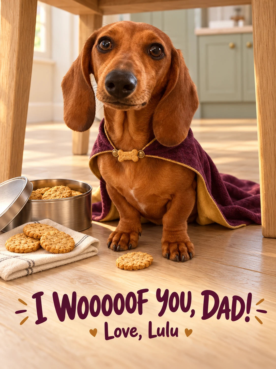 AI-created Lulu beside biscuits, with a message for Dad