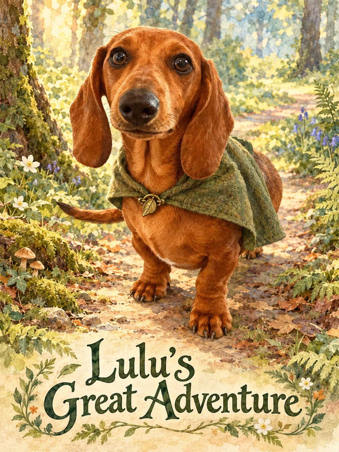 AI-created painted Lulu on a woodland path, titled Lulu’s Great Adventure