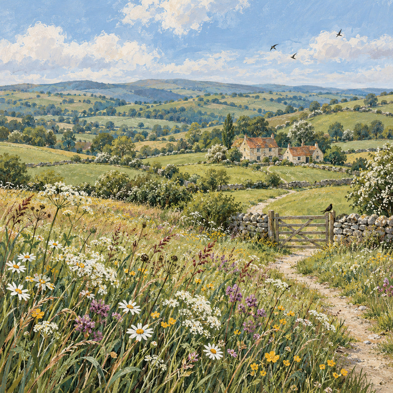 Original AI-created meadow painting with daisies, a winding path, a timber gate and stone cottages beneath a painted blue sky.