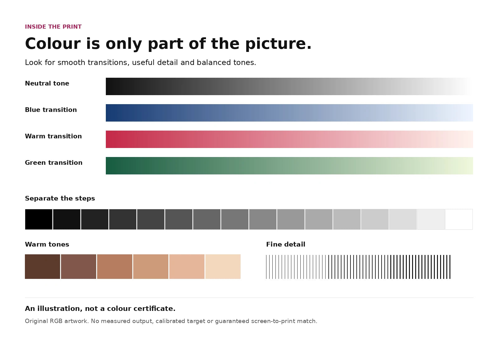 Explanatory colour and tone chart with smooth ramps, neutral steps, warm patches and fine lines.