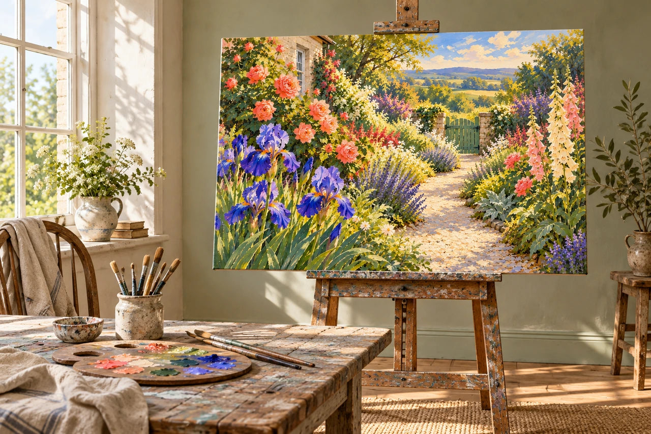 An imagined home artist's studio with a colourful cottage-garden painting idea on an easel.