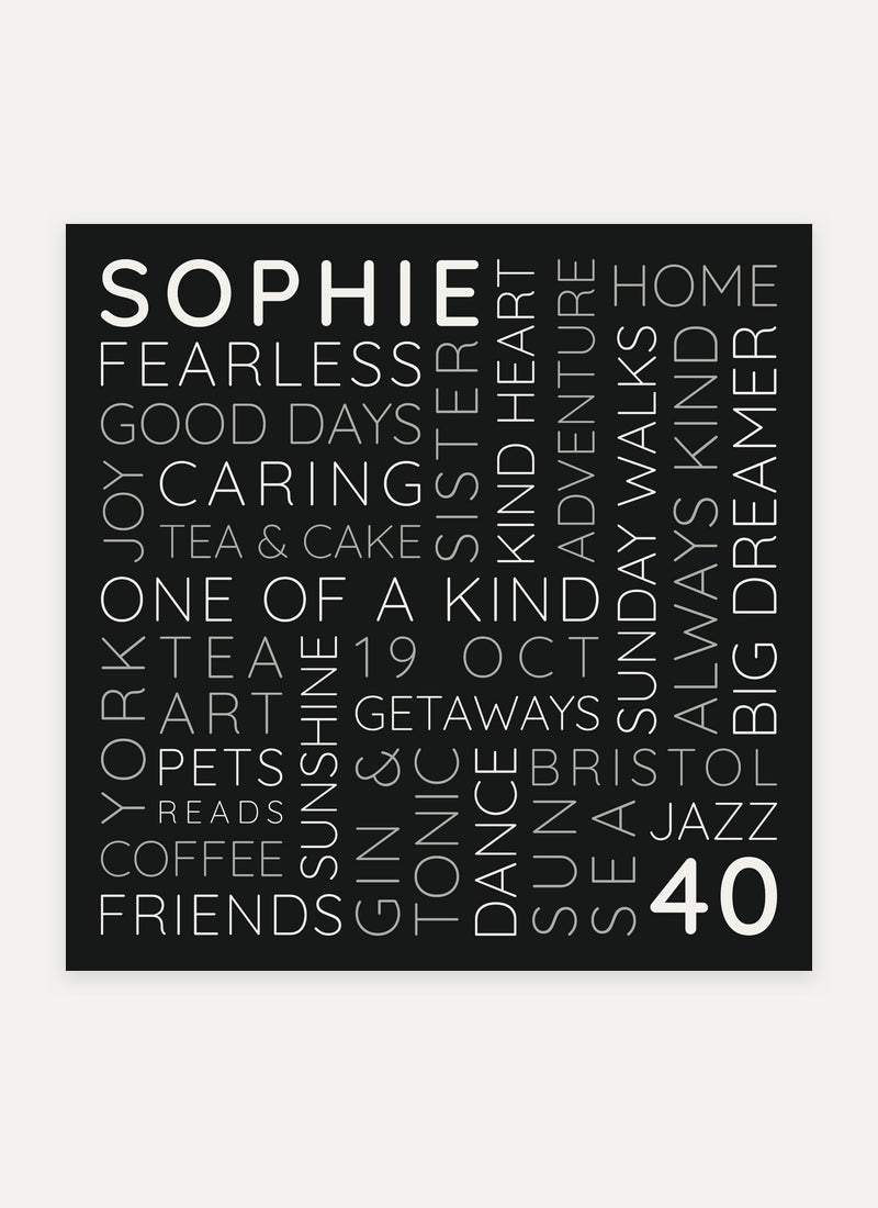 A Birthday in Words square design featuring Sophie and her fortieth birthday in charcoal, white and grey.