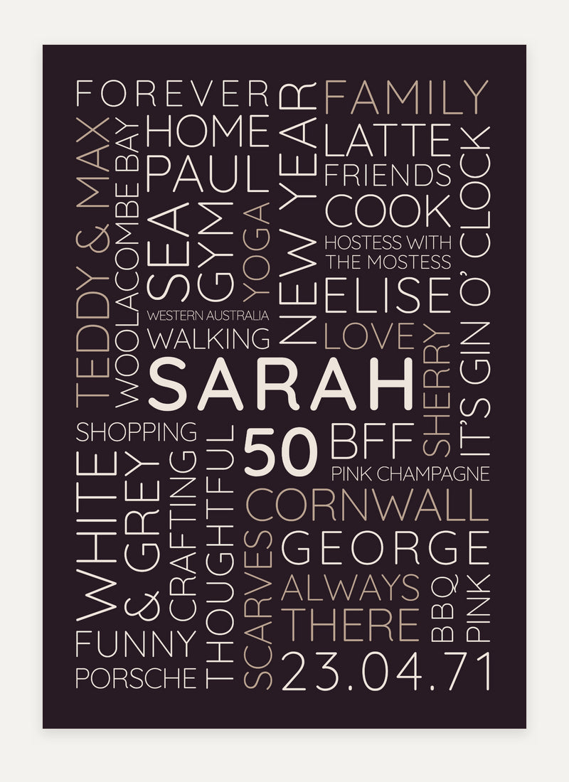 In Your Words design featuring Sarah in oxblood, cream and muted taupe.