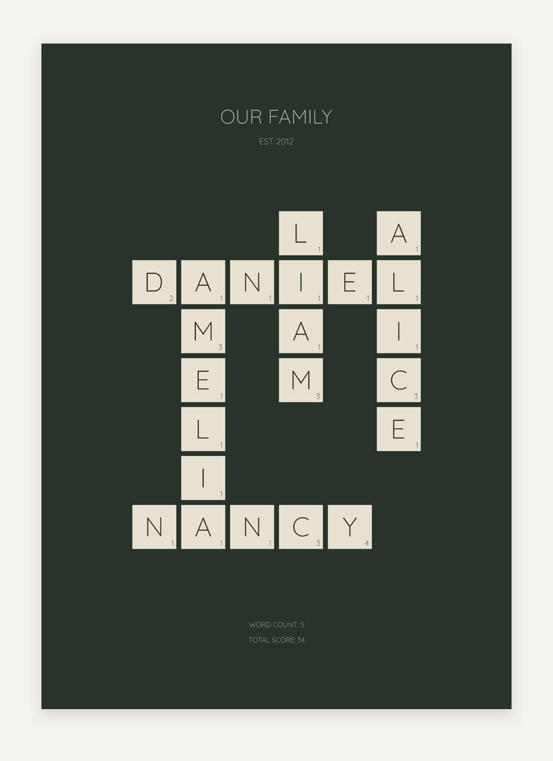 Our Family crossword design in forest green and cream.
