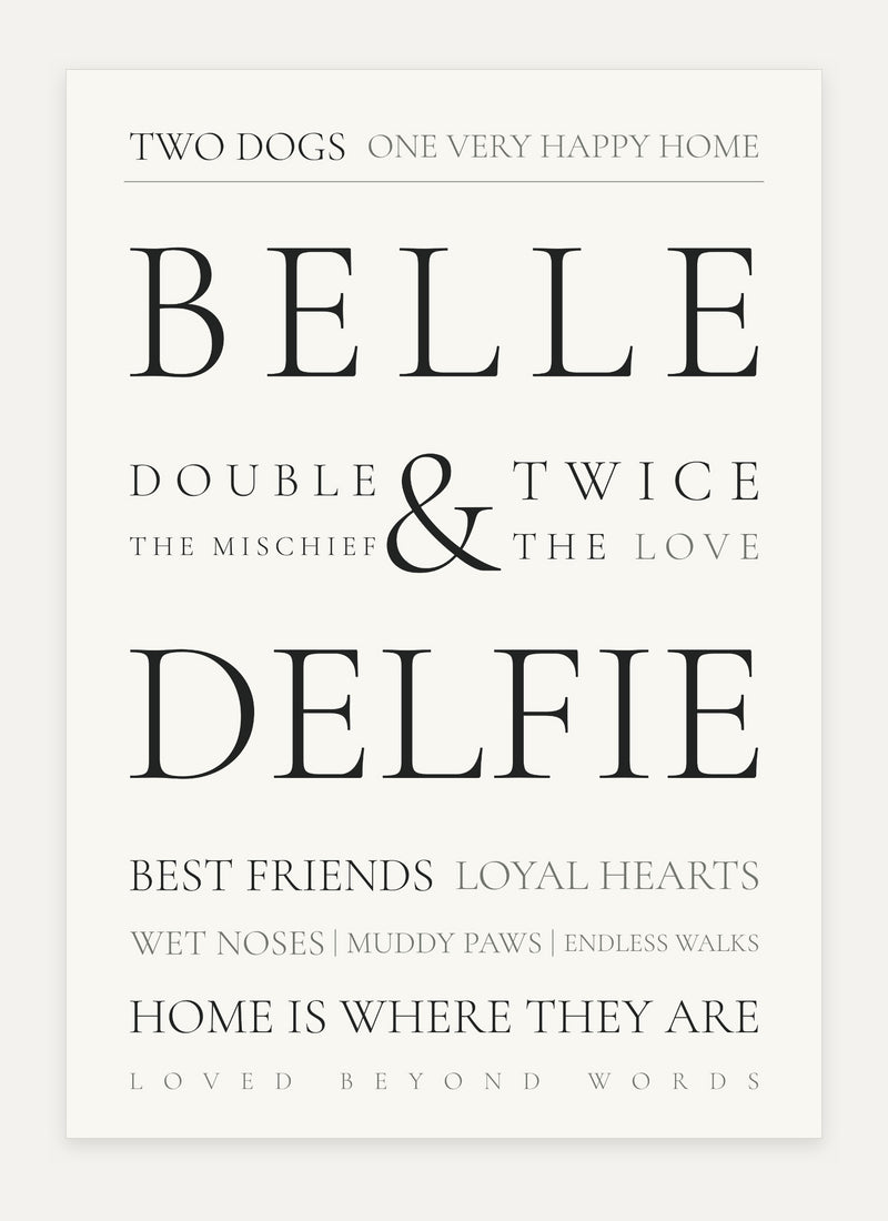 Two of a Kind design featuring Belle and Delfie in cream, black and grey.