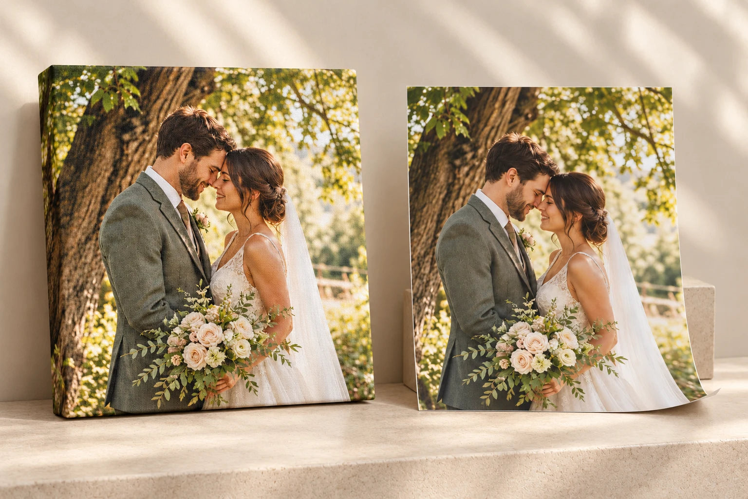 Illustration comparing the same wedding portrait on a stretched canvas at left and an unframed matte poster at right.