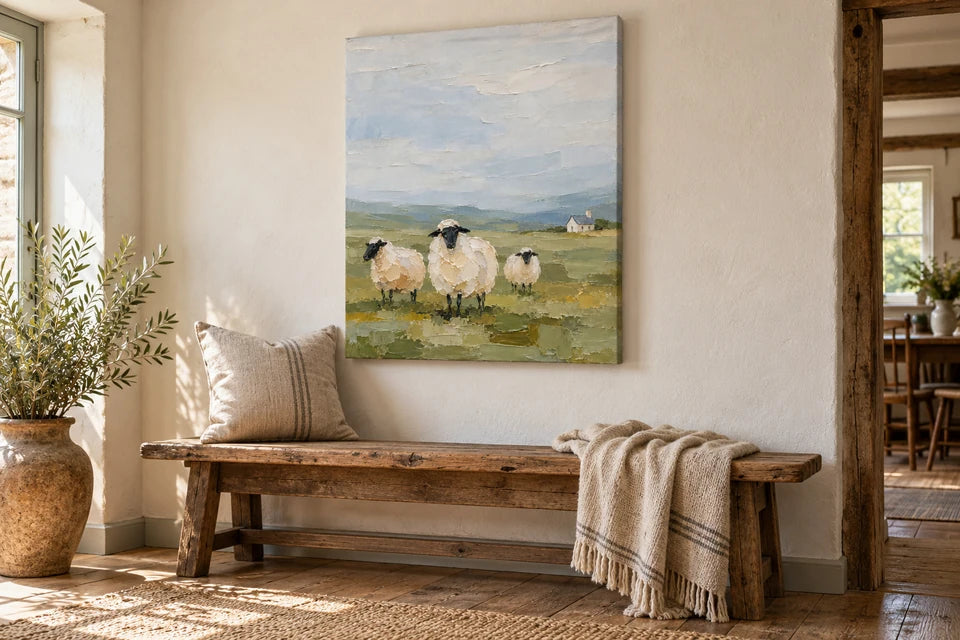 Sheep artwork styled as an unframed canvas above a rustic bench