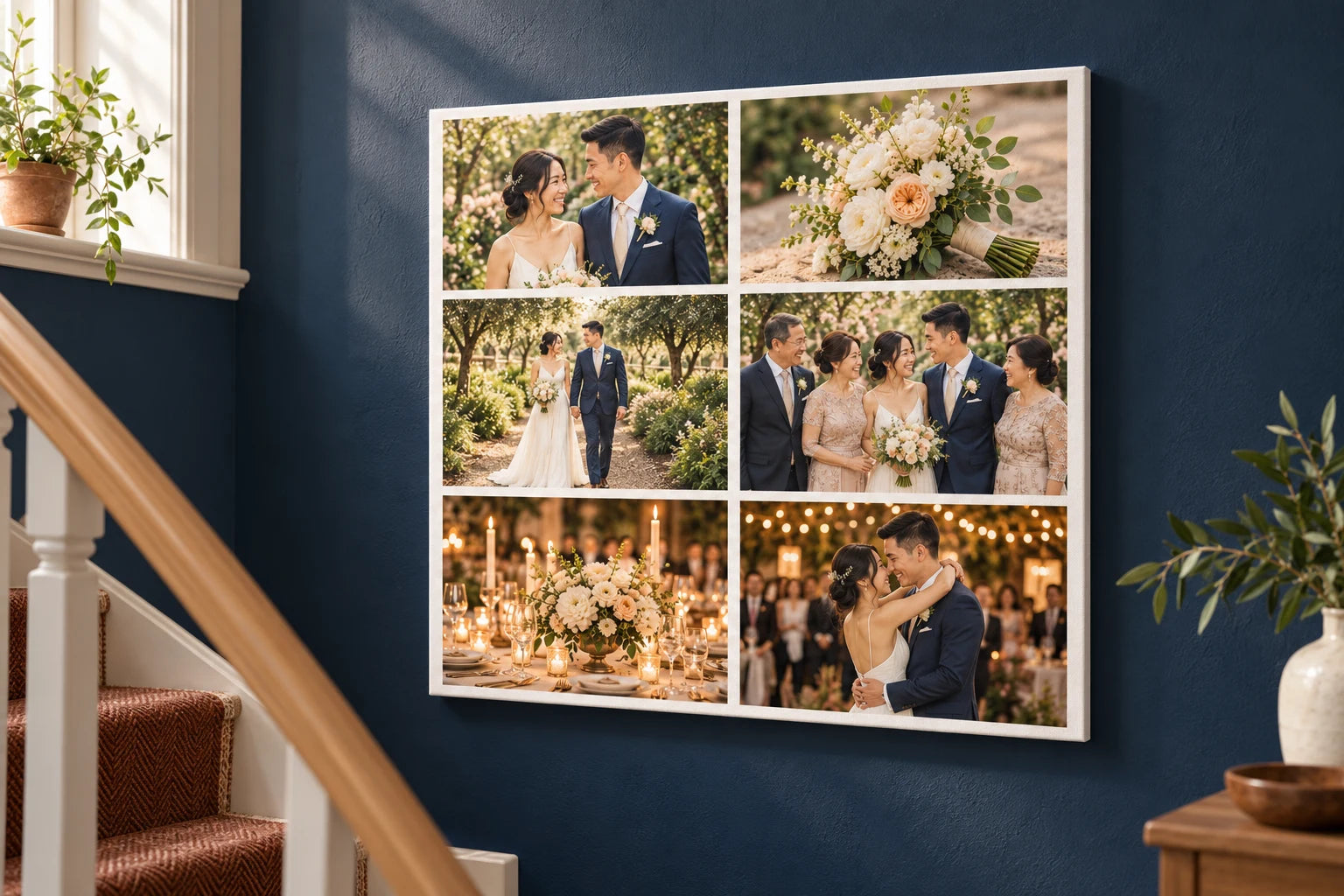 Illustration of a six-photo wedding collage canvas on a deep blue stair landing, with each photograph inside the canvas front.
