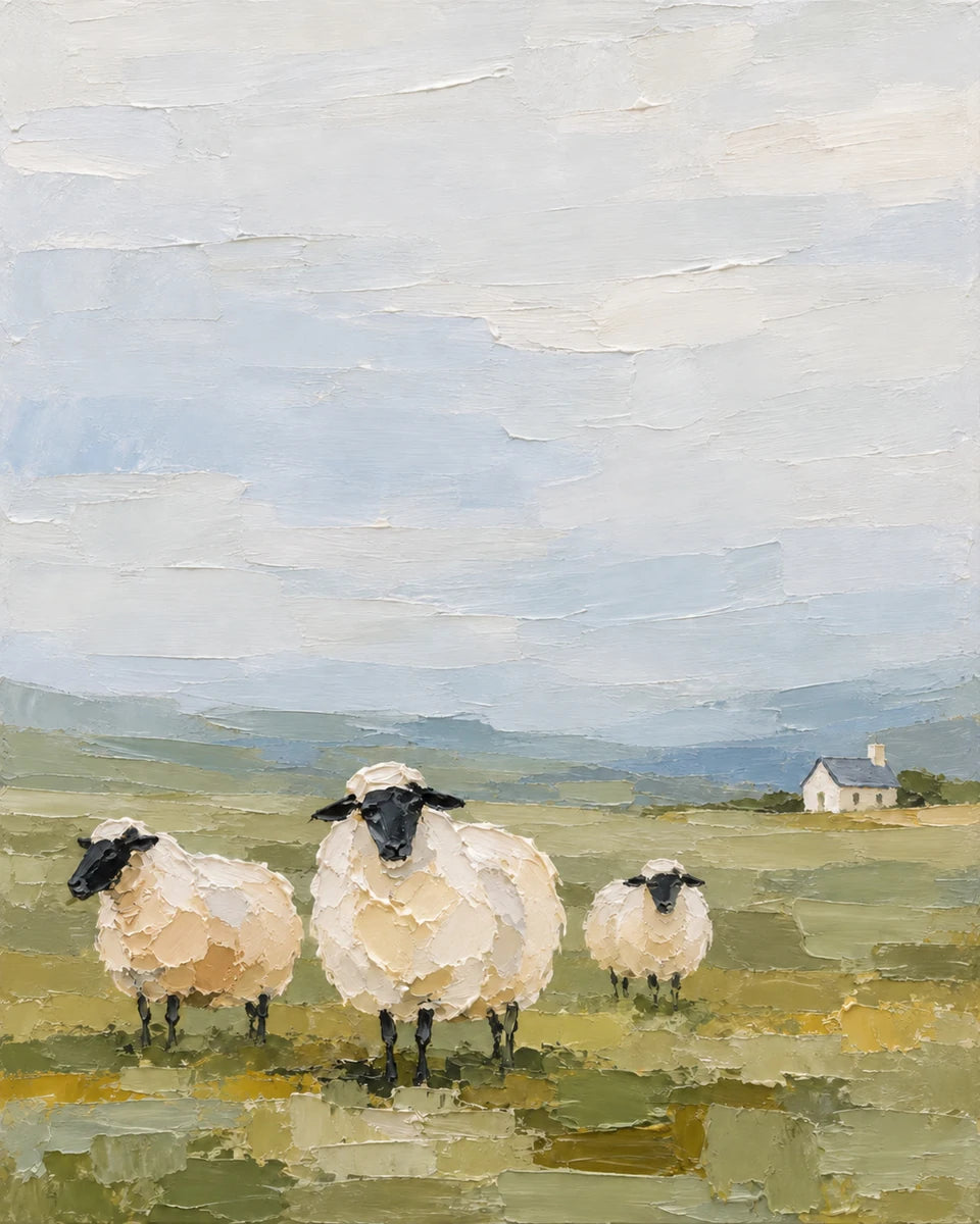 Three black-faced sheep suggested with broad cream paint marks beneath an open pale sky