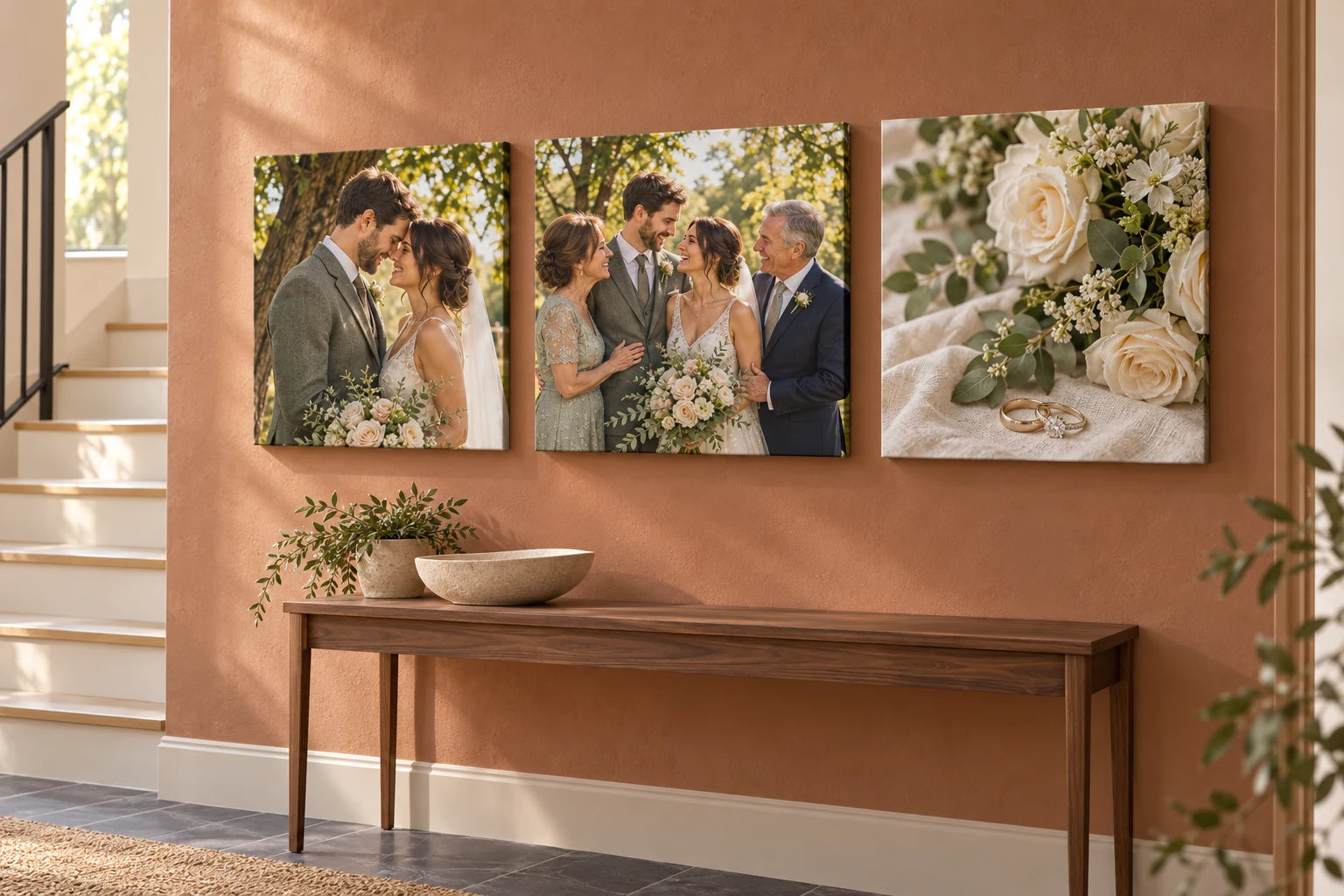 Illustration of three separate wedding photo canvases showing a couple, family and bouquet.