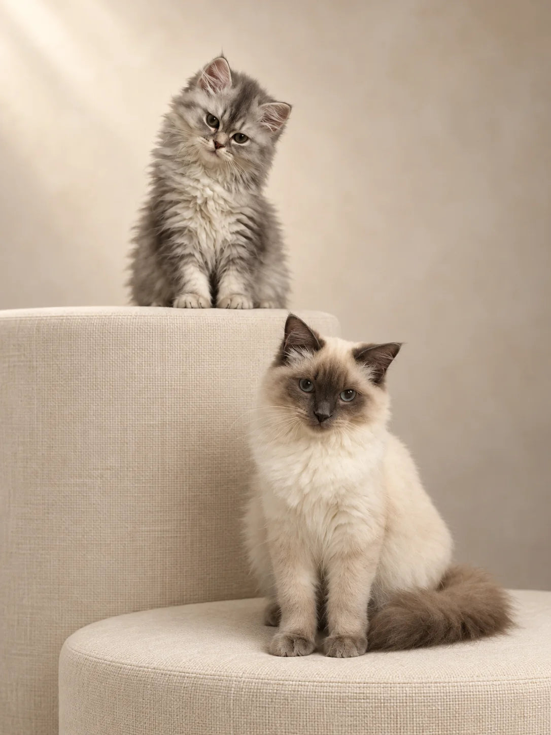 AI-created result: the two cats on cream upholstered studio platforms