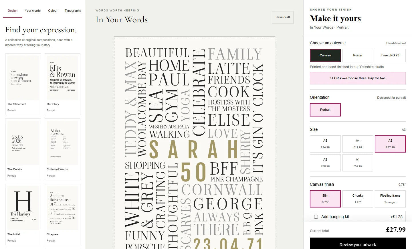 The live YI2C Word Art Creator showing artwork preview, design choices and print options.