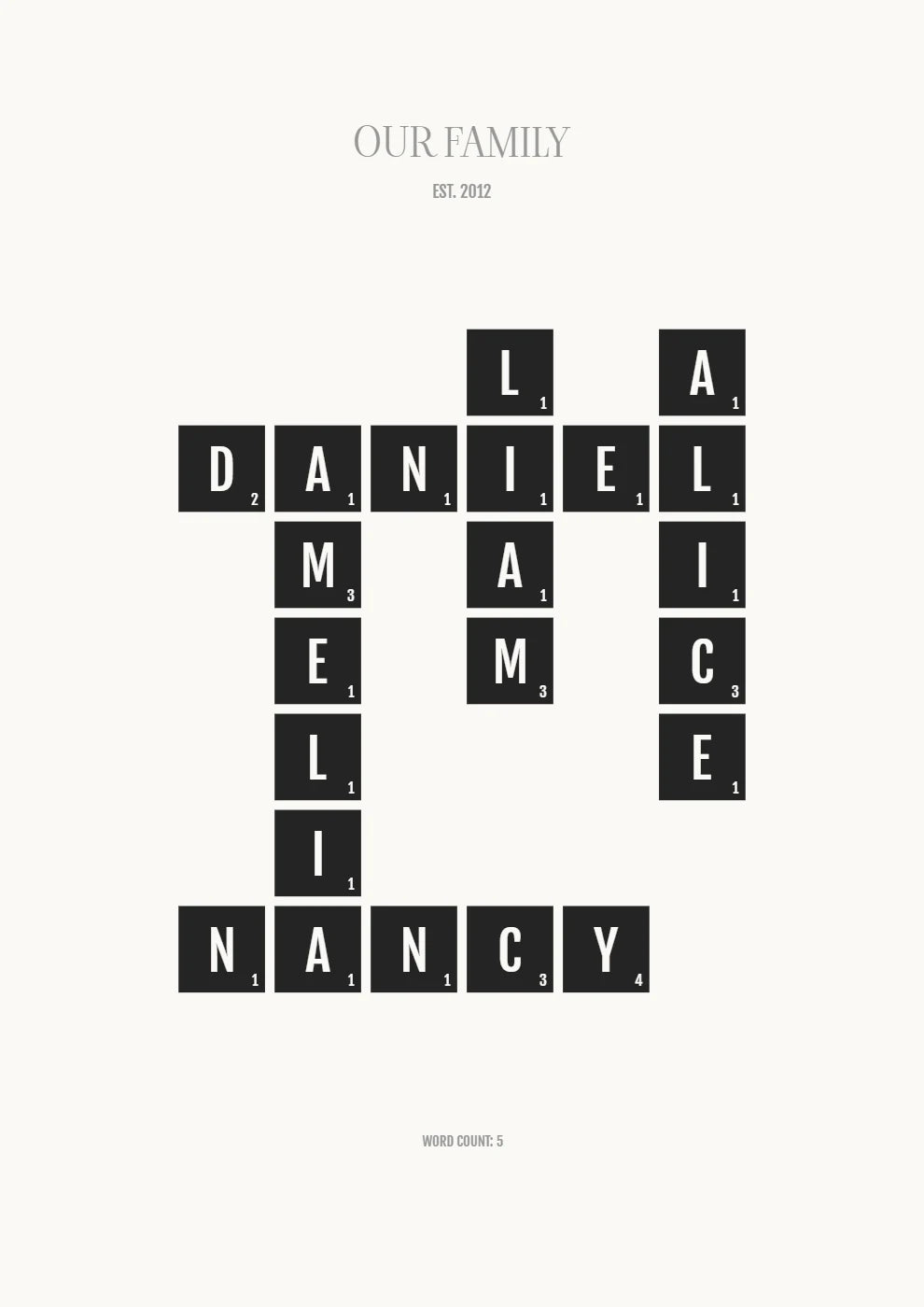 Our Family: genuine Word Art creator example in Gallery White & Pewter.