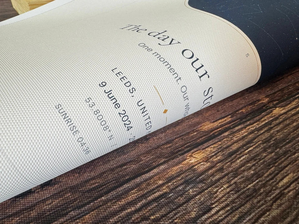 A close view of the canvas texture and fine lettering on a personalised star map.