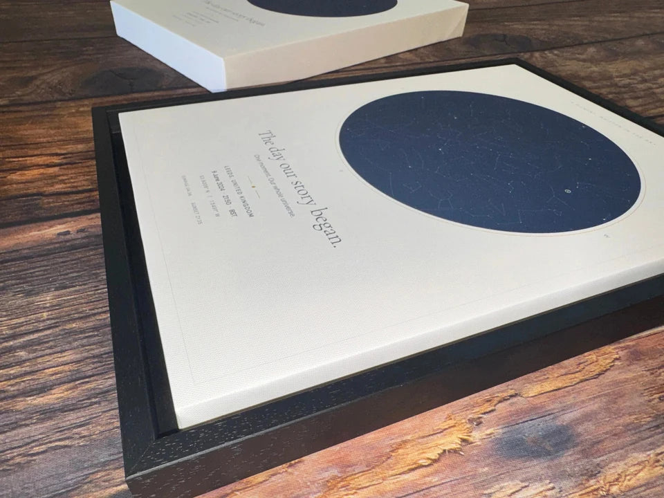 A completed star map in a black floating frame, photographed on a wooden worktop.