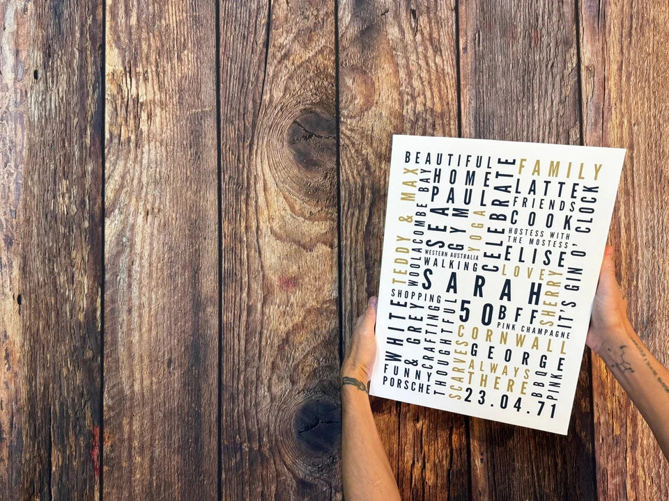 A complete Sarah Word Art canvas held against a wooden worktop.