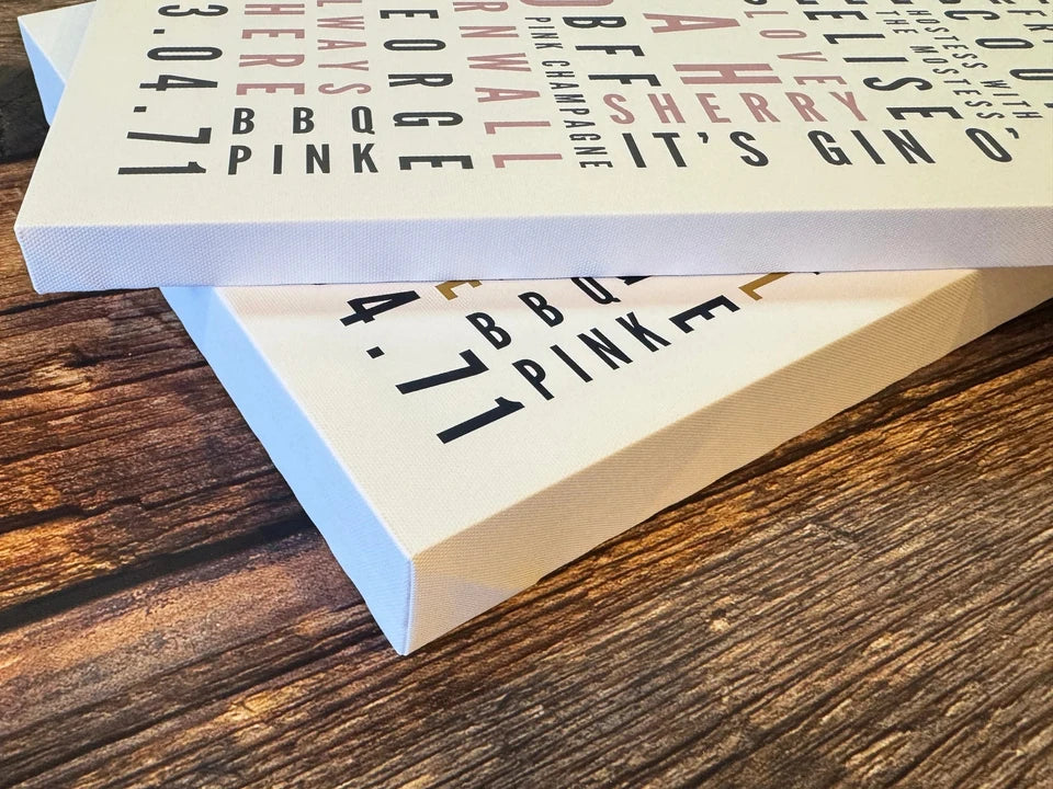 Two personalised Word Art canvases placed together to show their different depths and wrapped edges.